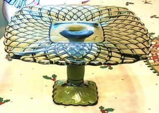 Large Square High Vintage Medium Green Weave Glass Cake Stand 6 In High 11 In