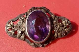 Antique Victorian Sterling Silver Amethyst Floral Flower Pin Brooch 1 1/4 "