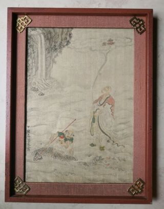 Antique Chinese Watercolor Painting On Silk Framed - Buddhism Monks 2