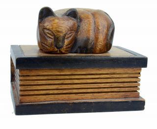 Vtg Hand Carved Wood Trinket Box Sleeping Cat On A Book Jewelry Watch Box