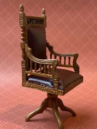 Vintage Miniature Dollhouse Artisan Solid Wood & Leather Swivel Desk Chair 1:12