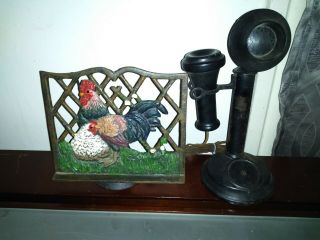 Antique Candlestick Phone And Cast Iron Cookbook Holder