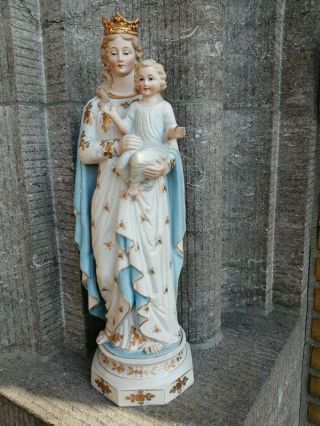 Big Antique France Porcelain Virgin Mary Madonna Child Jesus Standing Statue -