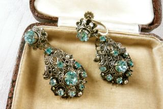 Vintage Jewellery Art Deco Czech Filigree Turquoise Rhinestone Earrings