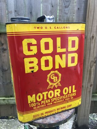 Antique Gold Bond Motor Oil Can Seitz Refining 2 Gallon - Syracuse York
