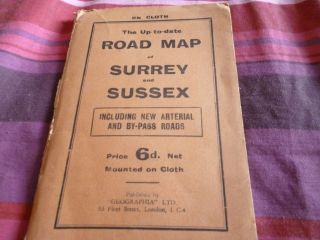 Vintage Road Map Of Surrey & Sussex Mounted On Cloth