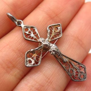 925 Sterling Silver Vintage Italy Religious Filigree Crucifix Cross Pendant