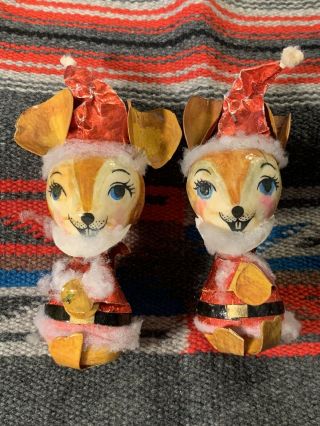 Two Vintage De Sela Paper Mache Santa Mouse Ornaments