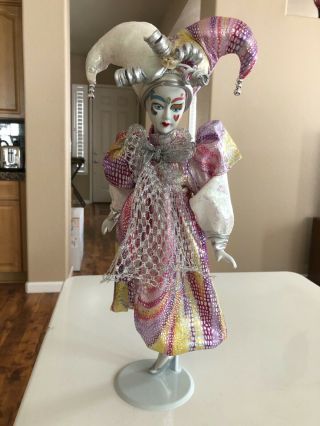 Porcelain Harlequin Jester Doll With Stand 18 "