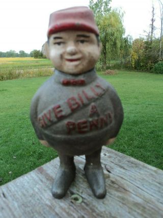 Vintage Hand Painted Heavy Cast Iron " Give Billy A Penny " Penny Dime Piggy Bank