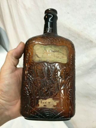 Vtg Amber Glass Whiskey Bottle With 100 Proof Grain 1920s Spider Web