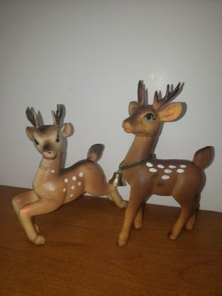 2 Vintage Rubber Japan Christmas Reindeer Deer Bell Movable Head 5 - 6 " Neat Eyes