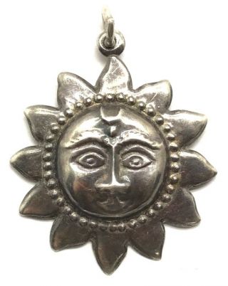 Taxco Mexico Vintage Oxidized Sterling Silver 925 Sun - Face Heraldry Pendant