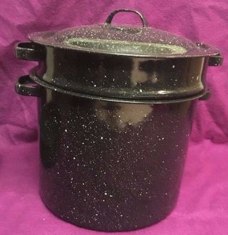 Black White Speckled Spaghetti Cooker Pot Strainer Steamer Insert 7 - 8 Qt Vintage