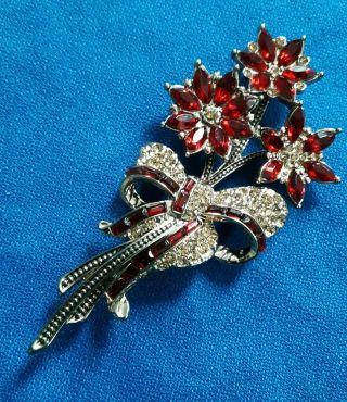 Vintage 1983 Red & Taupe Rhinestone Pin By Avon Floral Bouquest