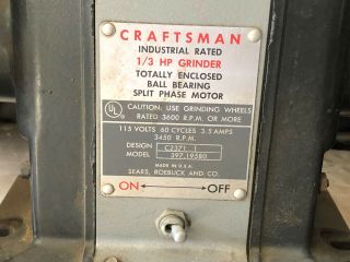 Vintage Craftsman 1/3 hp.  Bench Grinder 397.  19580 FAST 2