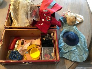 Vintage Red Metal Doll Trunk Wardrobe Trunk With Doll Clothes