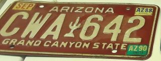 Vintage 1988 - 1990 Arizona Cactus Maroon License Plate Grand Canyon State