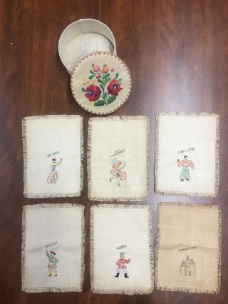 Vintage Linen Cocktail Napkins Set Of 6 Hand Embroidered International Drinks