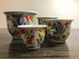 Vintage Set Of 4 Nesting Flower Pots Asian Hand Painted Flowers