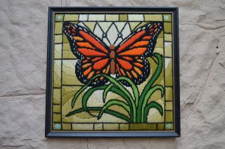 Vtg Butterfly & Plant Finished Framed Crewel Needlework Looks Like Stained Glass