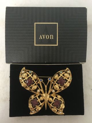 Vintage Avon Gold Tone Large Butterfly Brooch Pin Rhinestones Enamel Faux Pearl