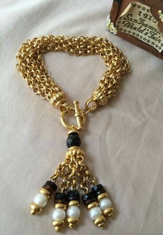 Vintage Monet Tassel Multi - Chain Gold Plated Bracelet Pearl Glass Bead