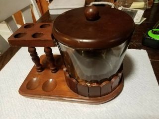 Vintage 4 Pipe Stand With Glass Tobacco Storage Jar