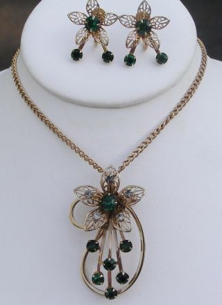 Green Clear Rhinestone Flower Set Vtg Demi Parure Brooch/pin Earring Necklace