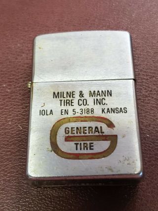 1950 - 1957 Advertising Zippo Lighter - General Tires Milne& Mann Tire Co Iola Ks
