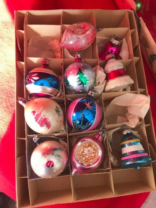 10 Vintage Glass Christmas Ornaments 1950 ' s Poland Germany Hand Painted 2