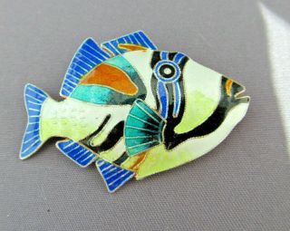 Vintage Zarah Guilloche Enamel Sterling Marine Tropical Triggerfish Brooch Pin