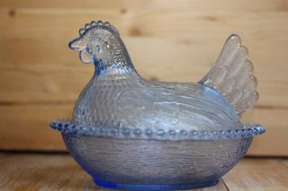 Vintage Ice Blue Glass Nesting Hen Chicken On Basket Candy Dish Cute Gift