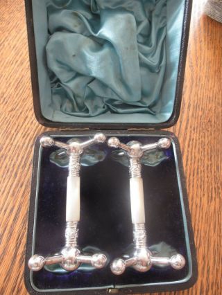 Vintage Antique Silver & Pearl Pair Knife Rests Box - Cahoo Bros - Belfast