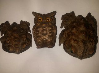 Vintage Japanese Hand Carved Cryptomeria Wood 2 Toad Frog & 1 Owl Marked Japan