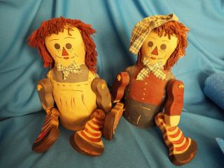 Rare Vintage 1993 Raggedy Ann & Andy Wood & Fabric Dolls W Moving Arms & Legs