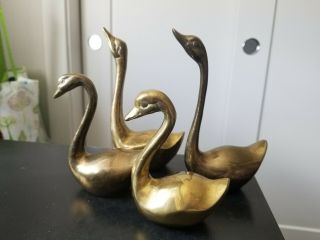 Set Of 4 Small Vintage Brass Swan Figures