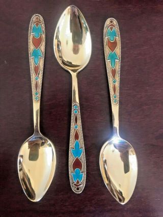 Vintage,  Russian Soviet Sterling Silver 875,  Enamel Set Of 3 Spoons
