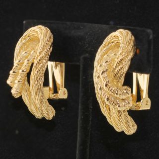 Vintage Christian Dior Earrings Signed Gold Tone Braided Cable Rope Clip - On Chr.