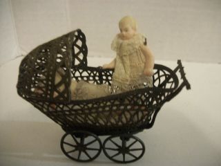 Antique German Carl Horn Miniature Doll Dressed W/ Soft Lead Carriage
