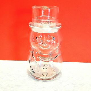 Vtg Clear Glass Christmas Holiday Snowman Canister Cookie Jar Candy Dish W/ Lid