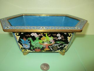 Antique 6 - Sided Chinese Cloisonne Blue Enamel Floral On Brass Footed Bowl