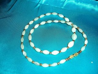 Vintage Mother Of Pearl Beaded Necklace,  W/gold Seed Beads Between Pearls