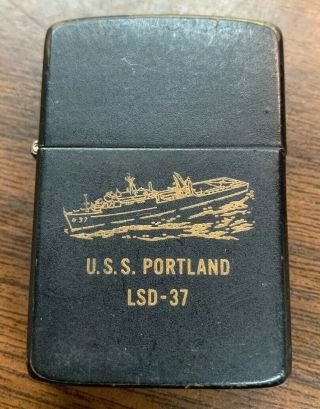 1986 Zippo Lighter Uss Portland Lsd - 37 Black Over Brass