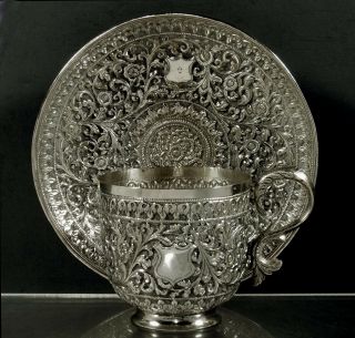 Indian Silver Tea Set Cup & Saucer C1890 - Signed