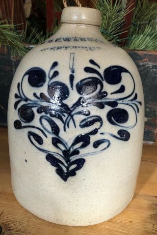 Antique Stoneware 1g Jug W/ Cobalt Floral,  William Warner West Troy Ny C.  1850
