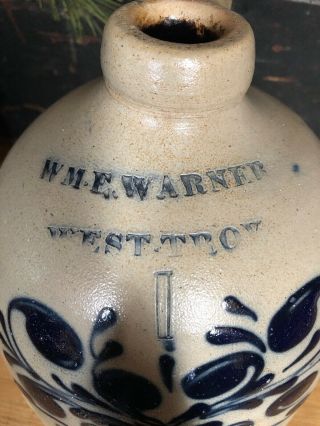 Antique Stoneware 1G Jug w/ Cobalt Floral,  William Warner West Troy NY c.  1850 3