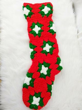 Vintage 20” Hand - Made Granny Square Crochet Christmas Stocking Green Red