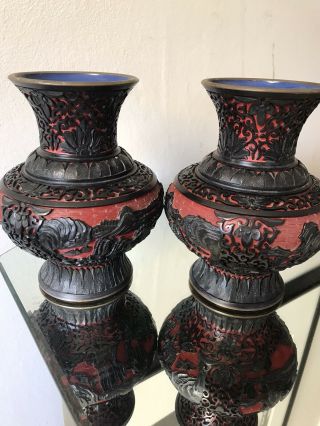 Vintage Chinese Black Lacquer Cinnabar Vasesblue Enamel Interior