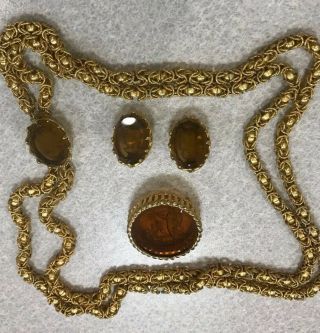 Vintage Goldette Topaz Glass Cameo Cupid & Venus Brooch Necklace And Clip On Set